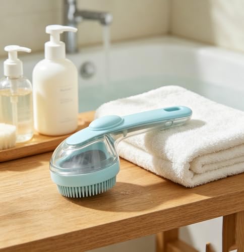 Pet Bath Brush 2 in 1 Cat Shampoo Grooming Massage Brush with Soap Dispenser Shower Scrubber Pet Shower Gromming Suitable for Long and Short Haired Dogs and Cats Gifts for Dog Lovers(Blue)