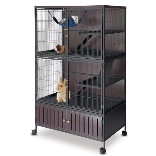 Spacious 5-Level Metal Small Animal Cage with Rolling Stand – Multi-Tier Habitat for Ferrets, Chinchillas, Guinea Pigs, Rats – Includes Hammock, Lockable Doors, Storage Cabinet, Removable Ramps