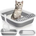 Tlence Collapsible Small Cat Litter Box, 17.7'' Open Foldable Kittens Potty with Scoop, Shallow Anti Splash Travel Cat Toilet, Semi Enclosed Height Adjustable Sides Litter Pan for Sick Frail Cat Grey