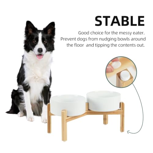 Havniva Dog Bowls Elevated, Ceramic Dog Food and Water Bowl Set | 7.3” Raised Dog Food Bowl, Elevated Dog Bowls with Bamboo Stand, Non-Slip Dog Water Bowl for Medium Dog, Large Capacity - color: Matte White, size: 7.3" - 2 Bowls+Stand