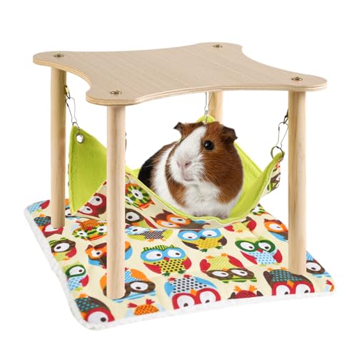 Guinea Pig Hammock with Soft Mat, Wooden Guinea Pig Hideout Toys with Double-Sided Hanging Hammock Bed for Hamster Chinchilla Rat Bunny Ferrets Sleeping Hiding