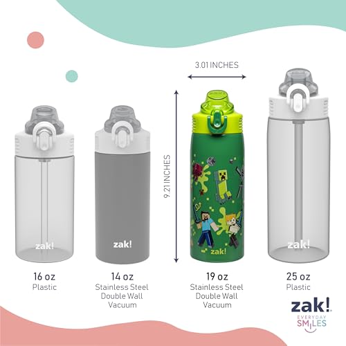 Zak Designs Minecraft Steve Sage 19oz Leak-Proof Straw Kids Water Bottle | BPA Free, Insulated Stainless Steel, Cupholder Friendly, Dishwasher Safe, Lid Lock, Handle, For School, Home, Travel, Outdoor - color: Minecraft (Steve, Alex, Mobs)
