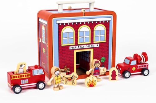 Jack Rabbit Creations Fire House Suitcase Playset - 15 Pieces - Ages 3+ | FSC Certified Wood, 8 in x 4.5 in x 5.5 in, 36 Months+, Red, Truck, Dog, Hydrant, Extinguisher, Ladder