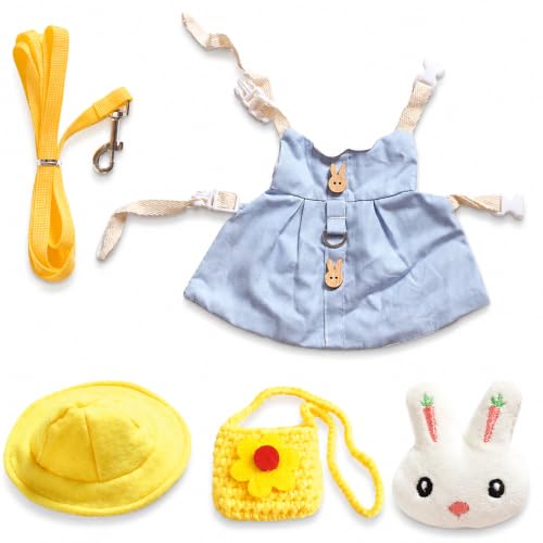 5PCS Bunny Outfit Harness Set with Leash Hat Bag and Plush Charm for Dwarf Rabbit Guinea Pig Chinchilla, Cute Blue Rabbit Clothes, S,7034-05 - color: Light Blue, size: S Fits 1.1-2.2lb Baby Bunny Guinea Pig Chinchilla