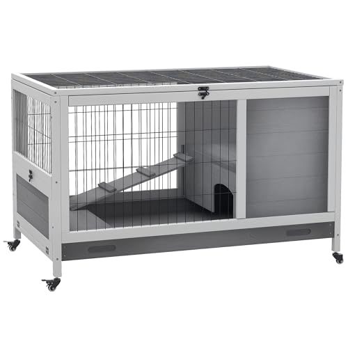 PawHut Wooden Rabbit Hutch Indoor Outdoor, Elevated Bunny Cage with No Leak Tray Enclosed Run with Wheels, Ideal for Guinea Pigs and Small Animals, Gray | No Leak Tray Enclosed Run with Wheels, for Rabbits, Chickens, Ducks, Guinea Pigs and Small Animals -