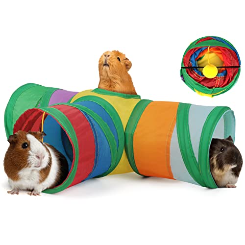 YUEPET Guinea Pig Tunnel, 3-Way Collapsible Play Tunnel with Ball, Rainbow | Guinea Pig Toys, Guinea Pig Play Tubes, Hanging Play Ball, Peekaboo Opening, Folds for Storage, 5.9 in Entrance - color: Rainbow