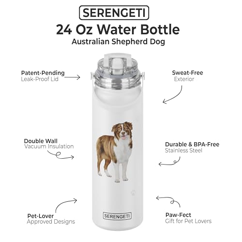 SERENGETI 24 Oz Water Bottle Stainless Steel with Spill Proof Lid - Double walled Vacuum Insulated water flask - Realistic 3D Print of your favorite dog (Australian Shepherd) - color: Australian Shepherd
