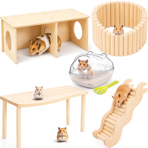 Qunclay 5 Pcs Hamster Wooden Platform Chamber Hideout House Climbing Ladder Bridge Fence Toy with Hamster Bath Container Decor Cage Accessories for Small Animal Dwarf Syrian Mice Degus Gerbils - style: Chic
