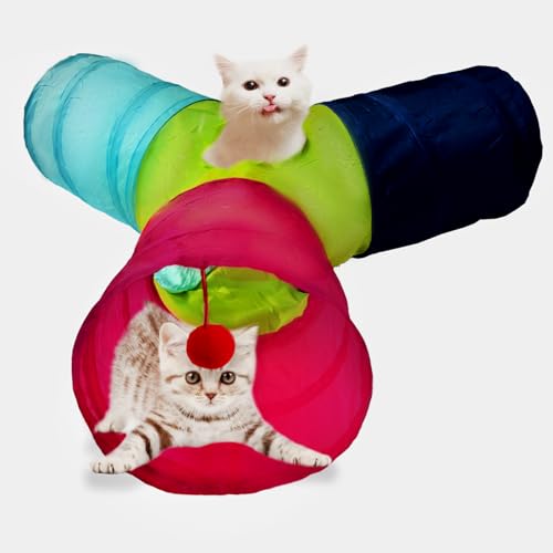 Cat Tunnel Tube Toys, 3 Ways Tunnels for Indoor Cats with Play Ball | Collapsible Pet Tube with Interactive Peephole Interactive Toy for Rabbits, Kittens, Ferrets, Puppy(Colorful) - color: 3 Way Colorful