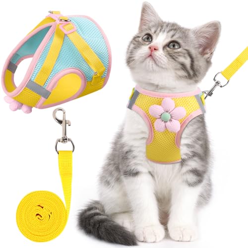 Cat Harness and Leash Set, Escape Proof Soft Vest Walk Yellow XS | Adjustable, Easy Wear, Breathable Comfy Mesh, Reflective Strips, Sturdy Clip Buckle Flower Harness for Cats Kitty Puppy Bunny - color: Lemon yellow, size: Extra Small