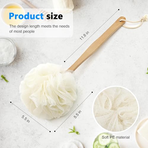 FORENEE White Loofah on a Stick, PE Mesh Back Scrubber with Wood Handle | Soft PE mesh for rich lather and gentle cleansing; water-resistant coating on the wood handle and hanging loop for drying. - style: White