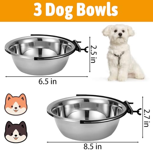 kathson Dog Kennel Bowls for Crates, 3 Pcs Stainless Steel Pet Food Water Bowls with Clamp Holder Hanging Metal Puppy Feeding Dish Cage Coop Cup for Cat Rabbit Ferret Bird (8.5 * 2.7in)