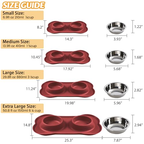 Hubulk Pet Dog Bowls 2 Stainless Steel Dog Bowl with No Spill Non-Skid Silicone Mat + Pet Food Scoop Water and Food Feeder Bowls for Feeding Small Medium Large Dogs Cats Puppies (Burgundy, Small) - color: Burgundy, size: Small