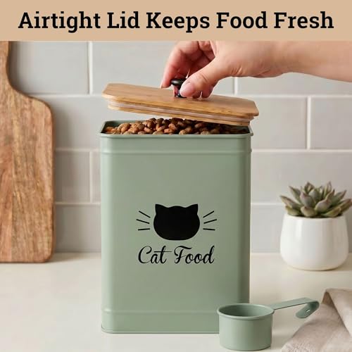 Metal Cat Food Container with Scoop 5-7 lb (25 Cup), w/ Airtight Bamboo Lid | Cat Kibble Canister with Metal Scoop, 25 Cups, Chew Proof Iron Body, Powder Coated, Airtight Bamboo Lid, Sturdy Metal Handle - color: Sage Green