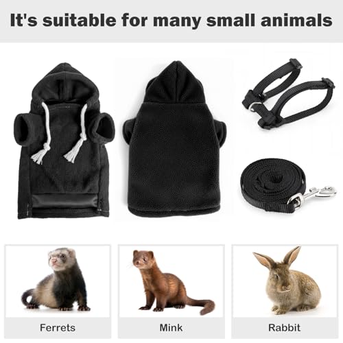Small Pet Harness Vest and Leash Set Ferret Clothes Hoodies for Ferrets for Outdoor Walking Rabbit Ferret Guinea Pig Bunny Hamster Puppy Kitten (Black Clothes + Leash) - color: Black clothes + leash
