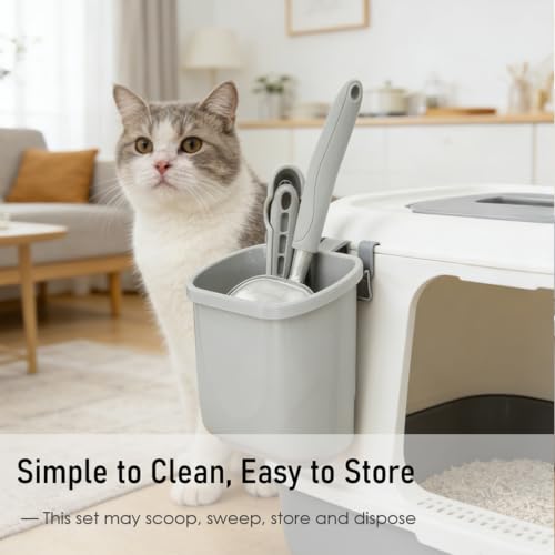 4-in-1 Cat Litter Scoop with Holder, Cat Litter Box Organizer Cleanup Kit - Portable Small Broom and Dustpan Set, Metal Kitty Litter Scooper and Storage Caddy (Gray) - color: #01 - Gray Handle