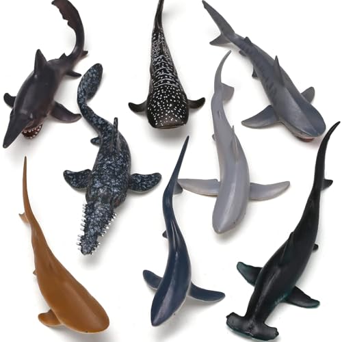 8 Pack Shark Toys with Booklet, Realistic Shark Figurines | Soft plastic ocean animal figures with booklet for under sea play, party decorations, cake toppers, bath play, and gifts