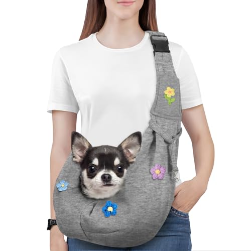Pawaboo Small Dog Sling Carrier,for 3-10 lbs Pets, Flowers + Grey | Reversible Hands Free,Safety Buckle,Storage Pocket,Machine Washable for Travel Outdoor Activities - color: Flowers + Grey