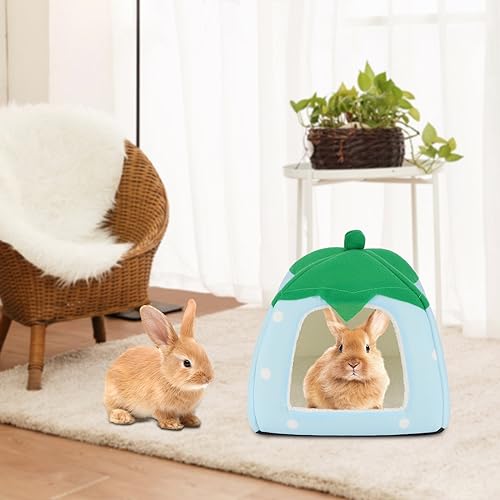 BWOGUE Guinea Pig Bed Hideout, Washable Hamster Cave for Small Animals | Removable Cushion for Cleaning, Warm Fleece Nest, Washable Bed, 10 x 9.8 x 9 in, Dwarf Rabbits Hedgehogs - color: Strawberry Blue
