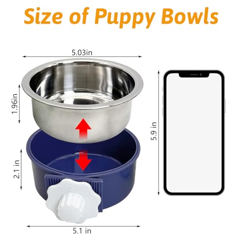 Hamiledyi Crate Dog Bowl Cat 2 Pcs Removable Stainless Steel Hanging No Spill Pet Bowl for Kennels Durable Detachable Design Fits Small Medium Dog Cages (Dark Blue - color: Dark Blue