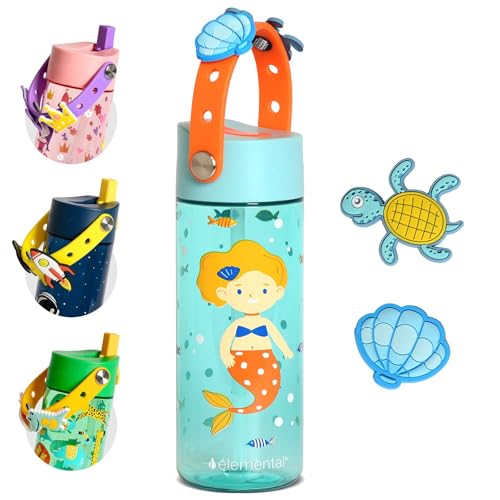 Elemental Water Bottles for Kids - Splash Kids Water Bottle for School with Fun Charm Handle - BPA Free Tritan Plastic Bottle with Straw Leak Proof When Spout is Closed - 18oz - Sunny Mermaid - color: Sunny Mermaid