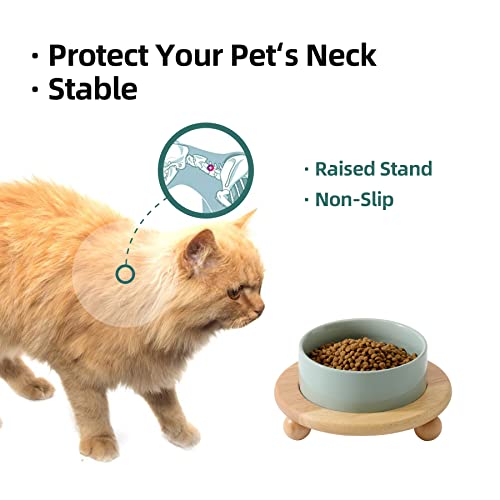 Havniva Raised Cat Bowl 5.1” Elevated Ceramic Cat Food and Water Bowl | Cat Bowls Elevated, Whisker Friendly Cat Bowl, Non-Slip Wood Stand, Food-Grade Ceramic, Wide Opening, Dishwasher Safe - color: 1 x Bowl + Stand - Light Green, size: 5.1inch
