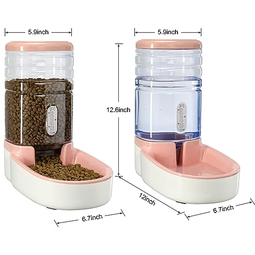 Automatic Dog Cat Feeder and Water Dispenser Gravity Food Feeder and Waterer Set with Pet Food Bowl for Small Medium Dog Puppy Kitten, Large Capacity 1 Gallon x 2(Pink) - color: Pink