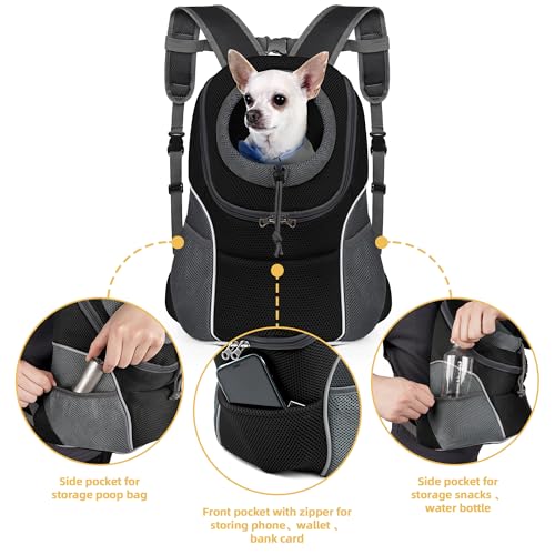 WOYYHO Pet Dog Carrier Backpack, Ventilated Small Dog Front Backpack | Small Dog Front Backpack, with Adjustable Straps, Safety Belt, Storage Pockets, for Travel Hiking Outdoor, Classic Black, M - color: 1-Classic Black