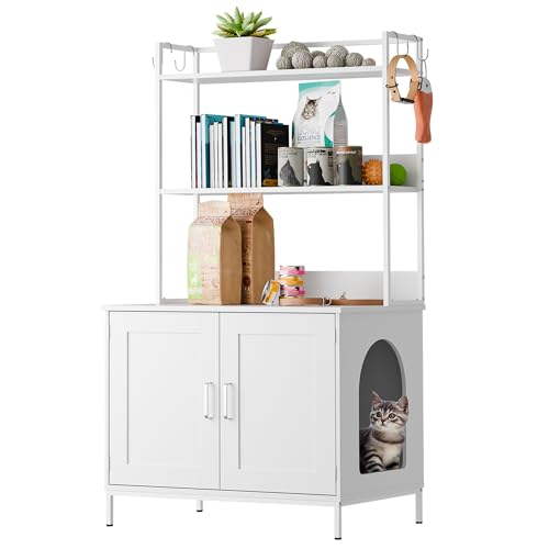 Cozy Castle Cat Litter Box Enclosure with Storage, 57'' Hidden Cat House Furniture, Wooden Cat Cabinet with Shelves & 4 S-Hooks, Indoor Cat Litter Box Organizer, White - color: White
