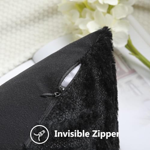 decorUhome Faux Fur Plush Soft Black Throw Pillow Covers 16x16 Set of 2 | Wool Solid Fall Couch Pillow Covers, Accent Modern Farmhouse Neutral Decorative Square Pillow Cases for Sofa Bed Living Room - color: Black, size: 16" x 16" (Pack of 2)
