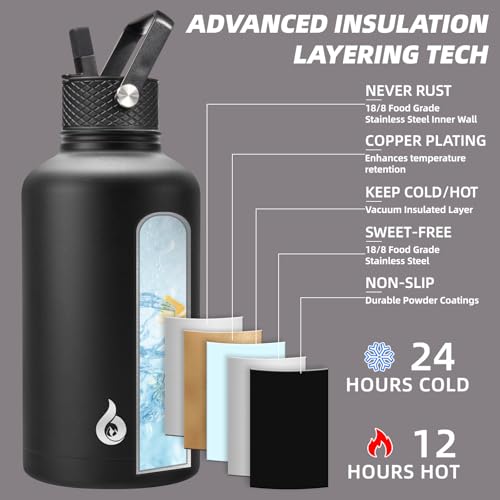 BJPKPK 64oz Insulated Water Bottle, Half Gallon Water Jug with Straw Lid | Large Stainless Steel Vacuum Jug, Keep Cold & Hot, BPA-Free Leak-Proof with 3 Lids, Paracord Handle, for Sports Hiking Travel - color: Black, size: 64 Ounces