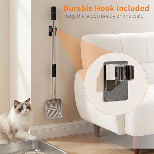 Metal Cat Litter Scoop: Detachable Long Handle Litter Scooper | Heavy Duty Stainless Steel Pooper Scooper w/Deep Shovel-Non Stick Sifter w/Foam Padded Grip-No Bending w/Storage Hook - color: silver shovel
