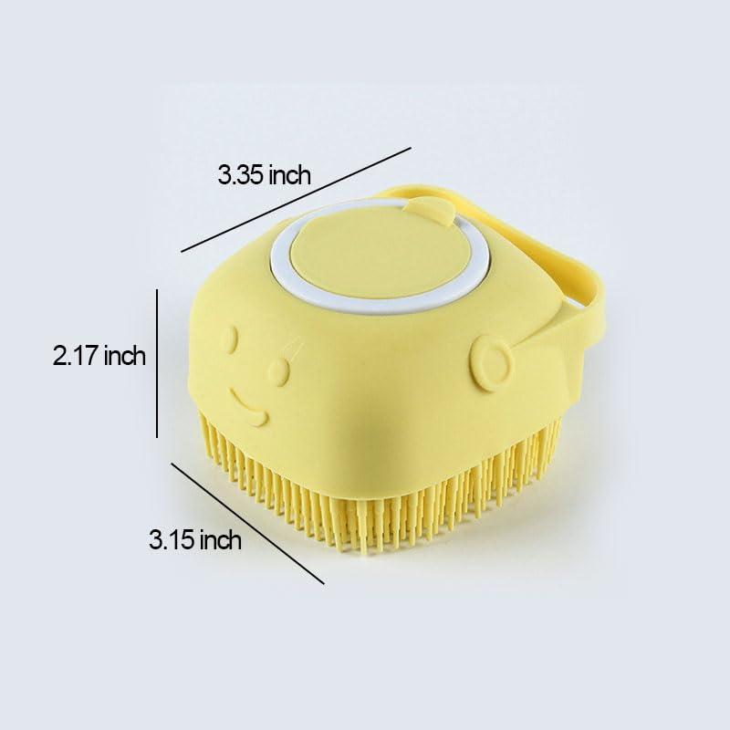 Pet Grooming Bath Massage Brush with Built-in Shampoo Dispenser & Hanging Rope, Soft Bristles for Long Short Haired Dogs Cats Shower Gentle Cleaning and Massage, Yellow
