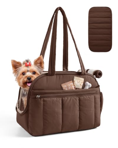 BAGSMART Dog Purse Carrier for Small Dogs Up to 13lbs Puppy Travel Tote Bag | Quilted Puffy Soft Sided Pet Handbag with Pockets, Collapsible Lightweight Portable with Safety Tether & Mat, Coffee brown - color: Coffee Brown