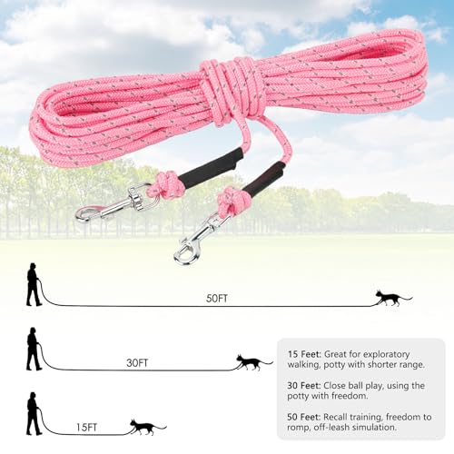 Reflective Cat Long Leash 15 FT, Outdoor Backyard Cat Tie Out Lead, Pink | Backyard Play, Reflective Nylon Rope, Dual 360° Swivel Hooks, Lightweight Cat Tie Out, Pink S, Small Pets - color: Pink, size: 15 FT
