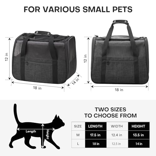 JUNGYOUN Premium Cat Carrier - Pet Carrier for Cat & Small Dogs up to 15lbs - Airline Approved Travel Dog Carrier with Anti-Escape Zippers, Collapsible Travel Bowl & Padded Strap - color: Dark Grey, size: 17.5"L x 12.4"W x 13.5"H