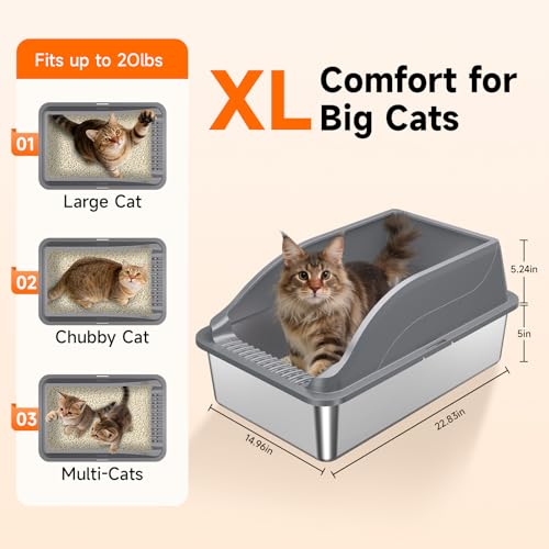2PACK Stainless Steel Litter Boxes, Extra Large XL Odor Free Metal Litter Box with High Sides, Open Top Litter Pan Include Scoop Easy Cleaning Anti-Scratch Kitty Cat Box Anti-Urine Leakage, Non-Sticky - color: Dark Grey