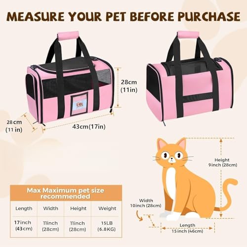 Cat Carrier Soft with Detachable Food Bowl,Soft-Sided Pet Bag(Up to 16 lbs) | Puppy Crate with Lockable Zippers,Airline Travel for Small Dog,Kitten,Animal,Breathable Mesh Kennel,Carrying Case,Pink - color: Pink, size: 17.0"L x 12.0"W x 11.0"H