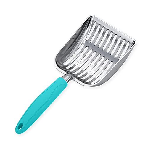 Cat Litter Scoop, Aluminum Alloy Sifter, Kitty Metal Scooper, Deep Shovel, Long Handle, Poop Sifting, Kitten Pooper Lifter, Durable, Heavy Duty, for Litter Box - color: POLISHED Aluminum \ #02 Turkish Blue Handle, size: Small