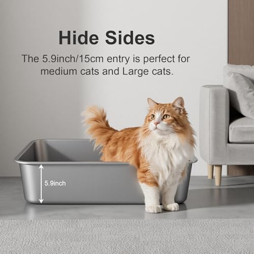 X-Large High Sided Stainless Steel Cat Litter Box | Sturdy Metal, Odor-free, Cat Litter Non-stick and Easy to clean, Perfect for Indoor Cats, Kittens and Multi-cat Households - size: 23.62"L x 15.75"W x 5.91"H