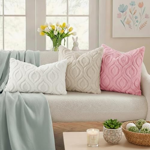 decorUhome Faux Fur Plush Soft Beige Throw Pillow Covers 16x16 Set of 2 | Wool Solid Fall Couch Pillow Covers, Accent Modern Farmhouse Neutral Decorative Square Pillow Cases for Sofa Bed Living Room - color: Beige, size: 16" x 16" (Pack of 2)