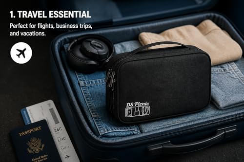 Electronic Organizer Travel Essentials Case, Waterproof Double Layer Cable Storage Pouch Bag for Charger, USB Cords, Power Bank, Phone Mouse SD Card Earphone Camera, Tablet (Up to 11 inch)