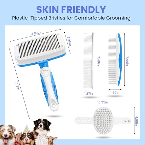 Self Cleaning Shedding Brush - 5-in-1 Professional Pet Grooming Kit Skin Friendly Grooming Tool for Dogs, Cats, and Puppies, Deshedding and Hair Removal for Long and Short Haired Pets（Blue-White） - color: Blue-White