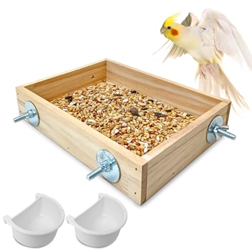 BNOSDM Wooden Bird Feeder for Cage Natural Wood Bird Foraging Box Food Dish for Small to Medium Birds Parrot Feeding Cups for Cockatiel, Lovebird, Parakeet, Budgies (Small) - size: S:7.87 x 5.9 x 1.6in