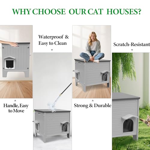 Cat House Outdoor Weatherpoof Plastic Cat Shelter Outside | with Escape Door Indoor Waterproof Feral/Pet Cat Houses for Puppy, Rabbit(Grey) - style: Standard
