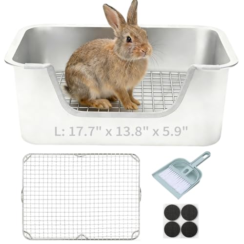 PODOO Bunny Litter Box, Stainless Steel Sifting Pan with Non-Slip Pads | Stainless steel sifting pan lets waste fall below; raised sides and non-slip pads help keep the litter area stable and tidy - color: Stainless Steel