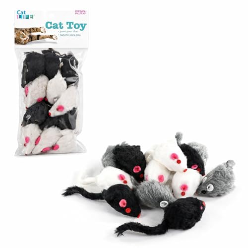 Penn-Plax Play Fur Mice Cat Toys, 12 Pack - Soft Polyester with Rattling Sound for Interactive Play, Exercise & Hunting - Lightweight Cat Toy Set for All Ages & Breeds - Black, White & Gray - 2 Inches