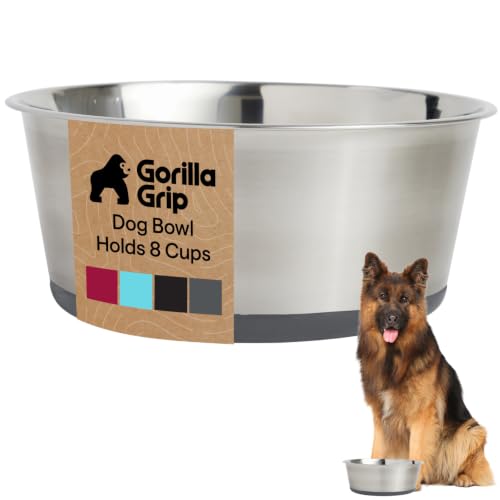 GORILLA GRIP Dog Bowl, Holds 8 Cups (64 fl oz), Food Grade 304 Stainless Steel Food and Water Bowl for Feeding Dogs and Cats, BPA Free Rubber Base, Easy Clean, Dishwasher Safe, Rust Resistant, Gray - color: Gray, size: 8 Cup (64 Oz)
