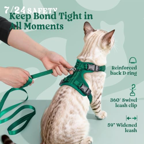 rabbitgoo Cat Harness and Leash, Easy-on with Neck Buckle, Dark Green | Escape Proof, No Over-the-head, Soft Air Mesh, 3 Lockable Adjusters & Buckles, Reflective, for Kittens & Small Cats Walks, Xs - color: Dark Green, size: Xs