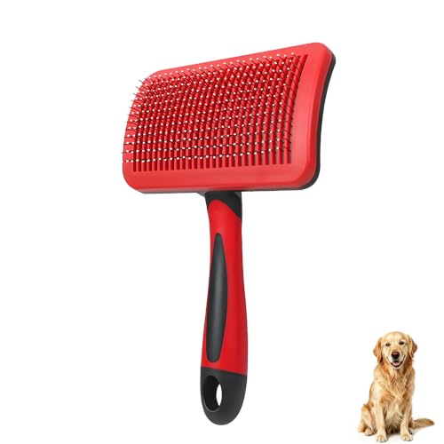 Self-Cleaning Slicker Dog Brush for Large Long-Haired Breeds (Red, Black) | One-Click Hair Removal , Ergonomic Grip , Pet Grooming Tool - color: Black and Red, size: Large